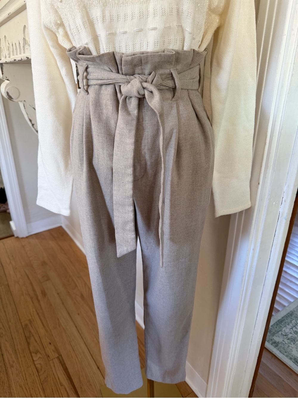 H&M Taupe Paperbag Waist Tie Trousers